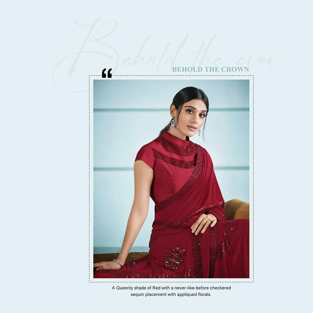 Red Lycra Sequence Embroidery Saree with Unstitched Blouse Piece - Norita Elaura