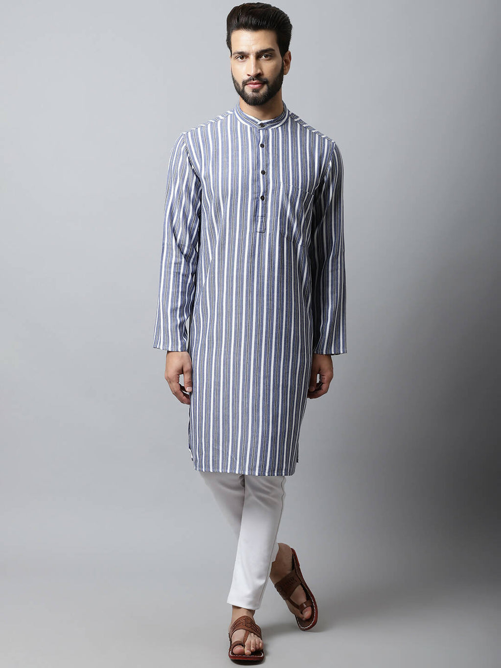 Even Apparels Blue Color Pure Cotton Men's Kurta With Band Collar (STR1168)