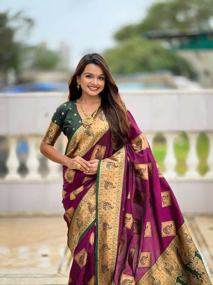 PR Fashion Wine Soft Banarasi Silk With Zari Weaving Meenakari Design Saree