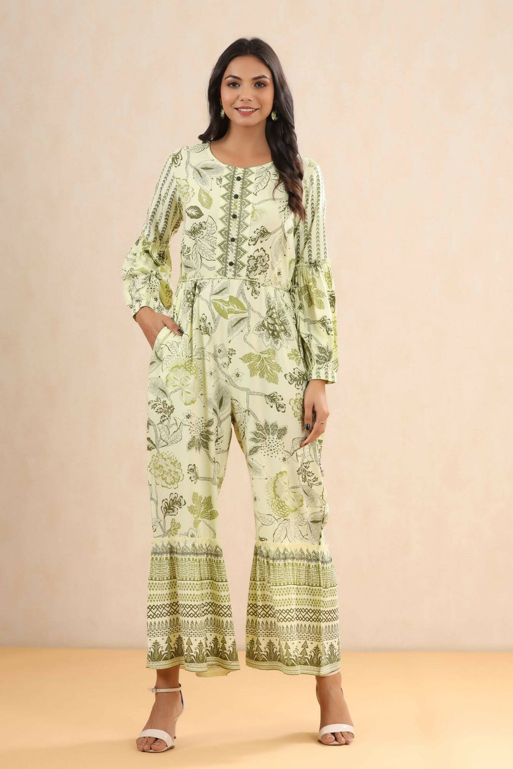 Juniper Women Lightolive Rayon Printed Straight Jumpsuit