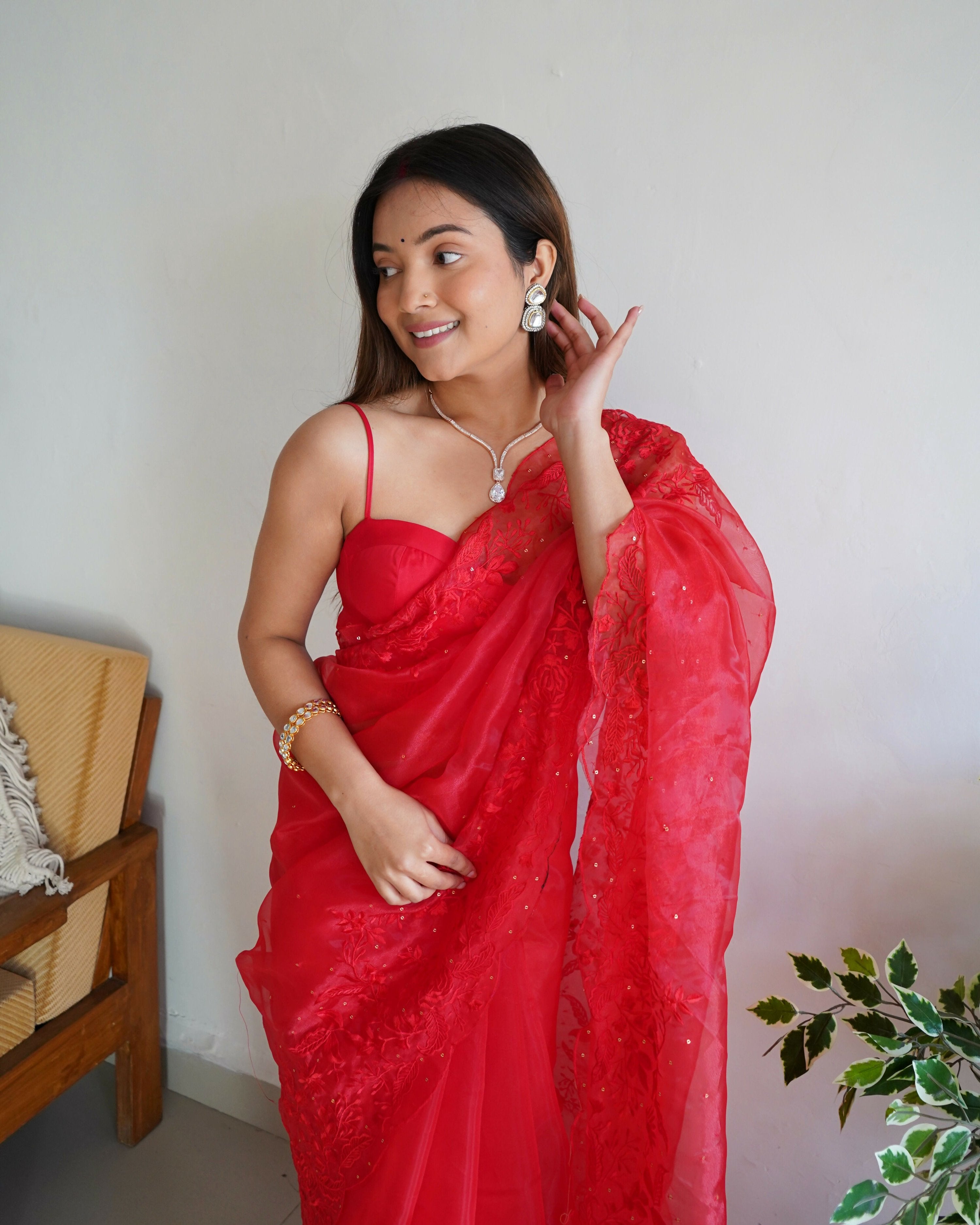 Vamsee Anushka Red Organza Saree