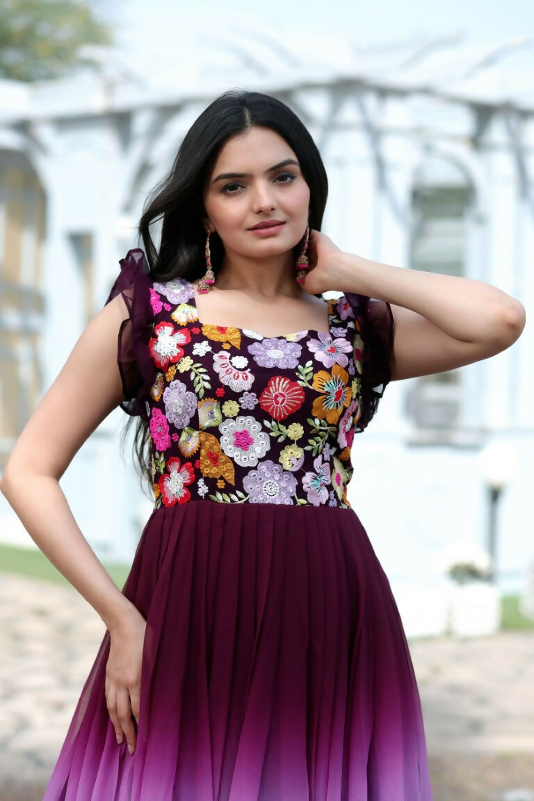 Jyoti Fashion Women's Wine Sequins Embroidery Faux Blooming Anarkali Dress