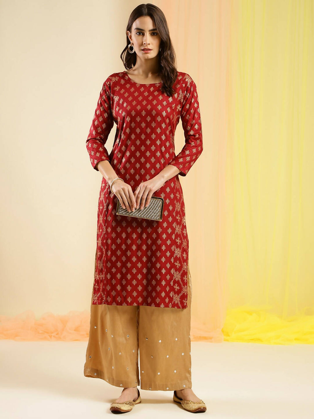 Maroon & Gold-Toned Viscose Rayon Ethnic Motifs Printed Kurta - Mamta