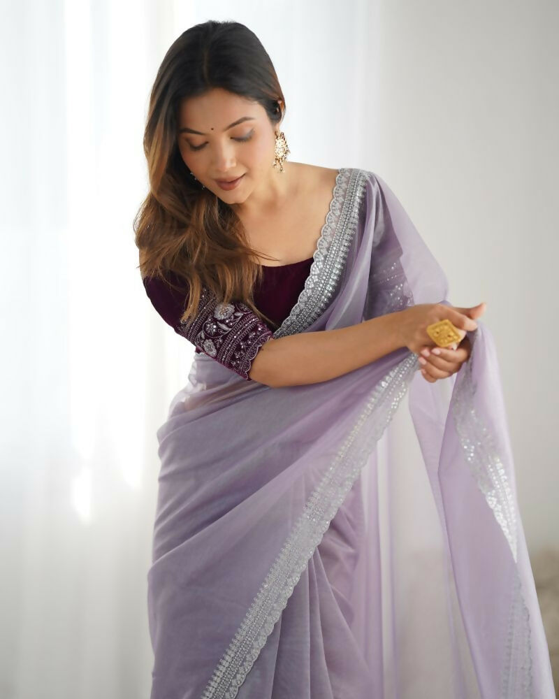 Attrctive Looking Gold Jari, Sequance Embroidery Work Twill Net Party Wear Saree - Lavender