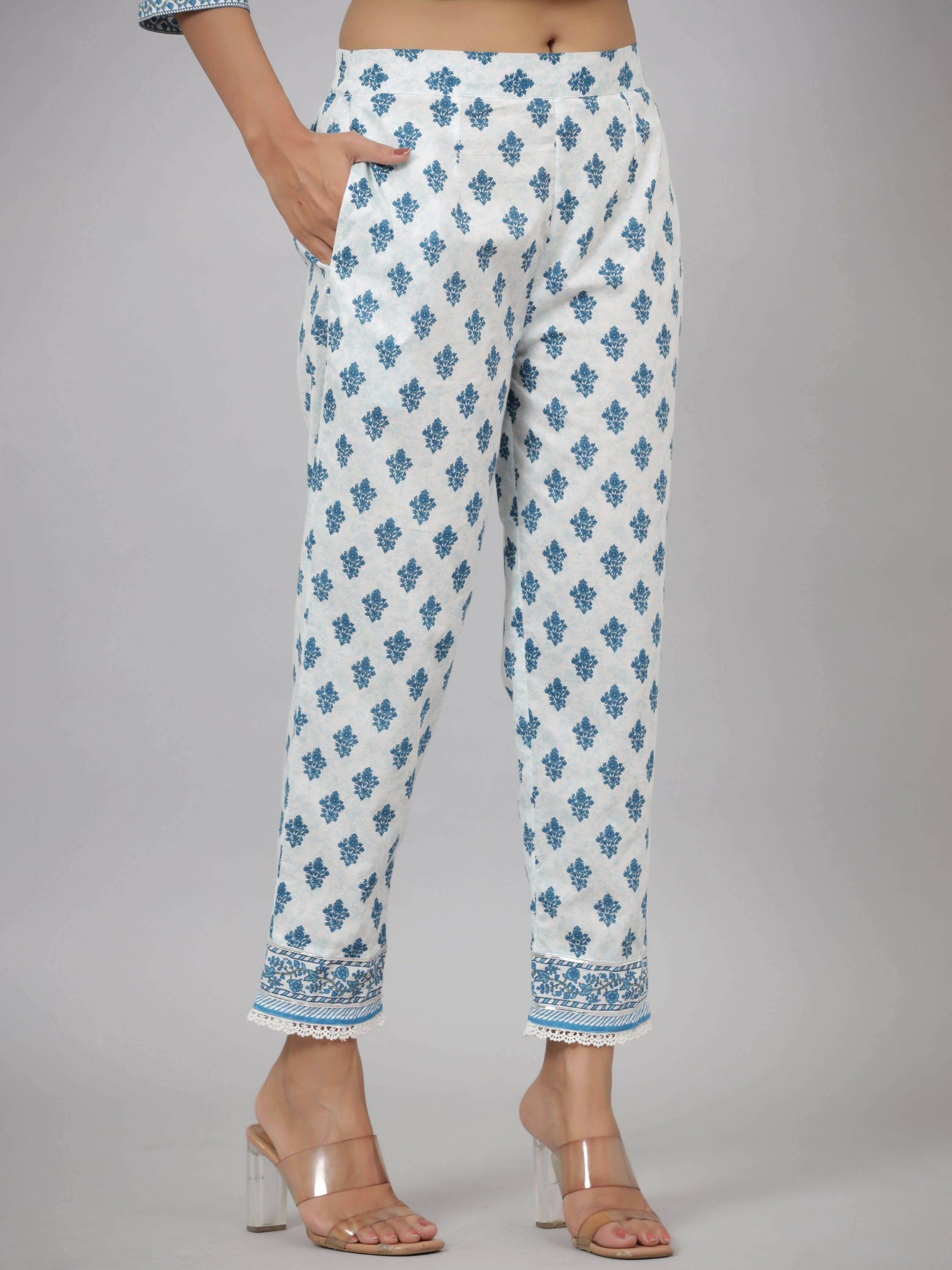 Juniper Women's White Cotton Cambric Solid Kurta Floral Printed Pant & Dupatta Set