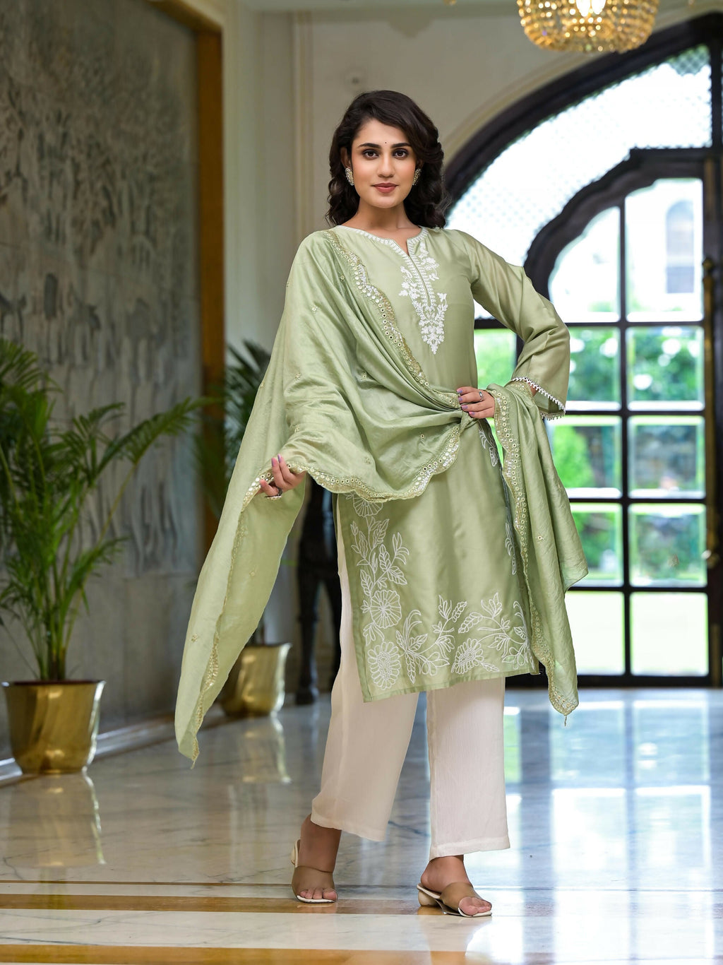 Juniper Women's Olive Thread Embroidered Viscose Kurta Palazzo And Dupatta Set With Thread & Mirror Work