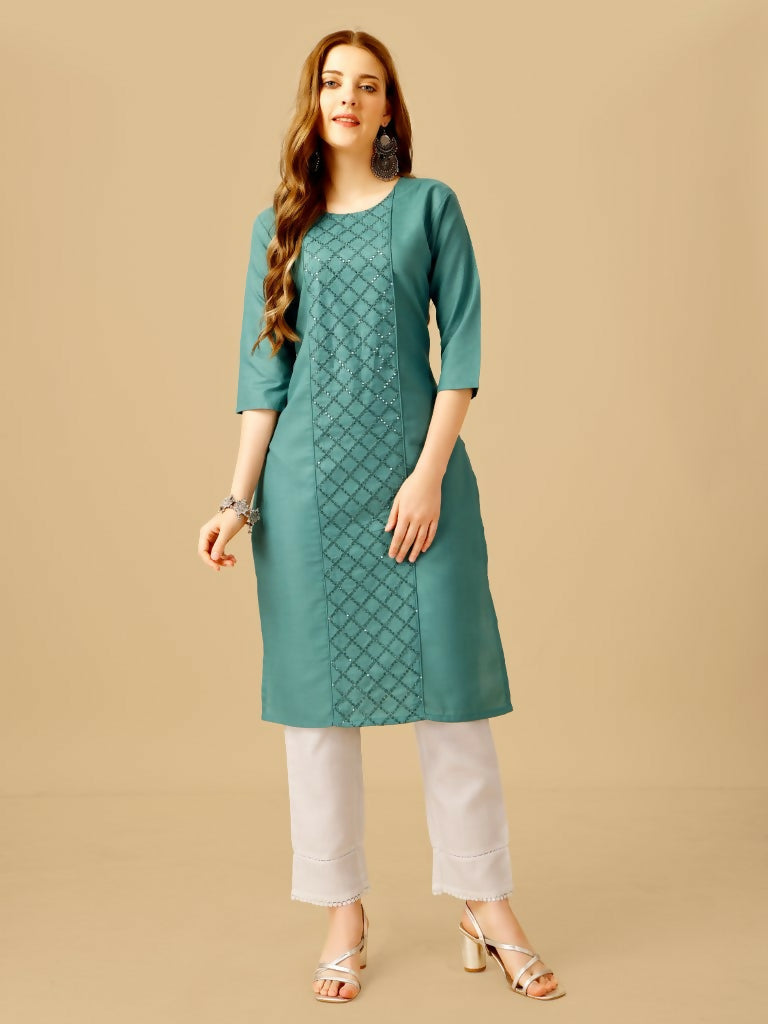 Jyoti Fashion Women's Teal Cotton Blend Embroidered Kurta Pant Set