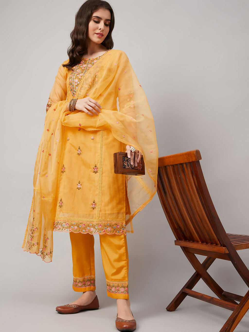 Yellow Organza Embroidered Kurta with Bottom & Dupatta - Salimar