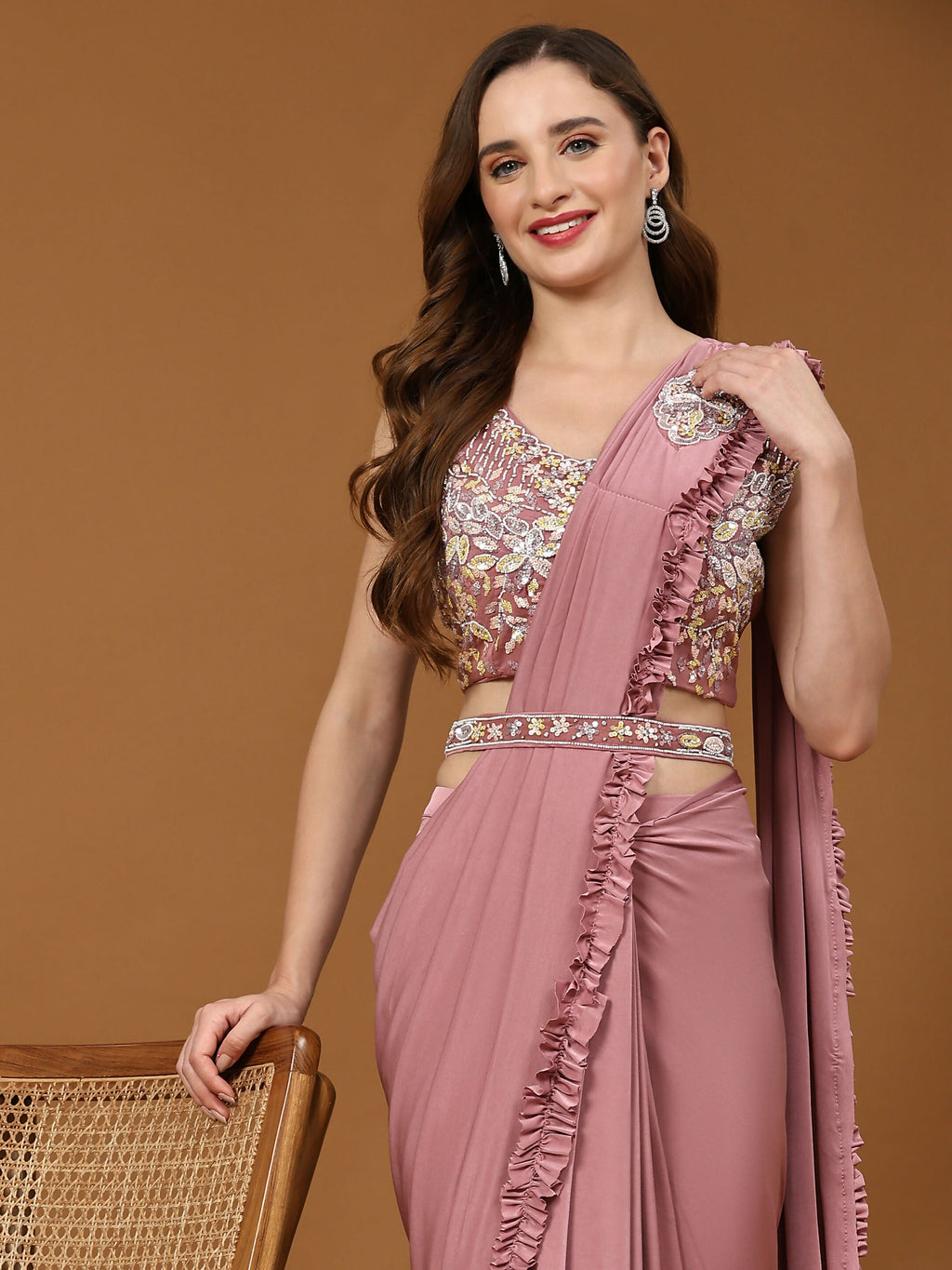 Pink Lycra Solid Ready to wear Saree with stitched Blouse - Vanita