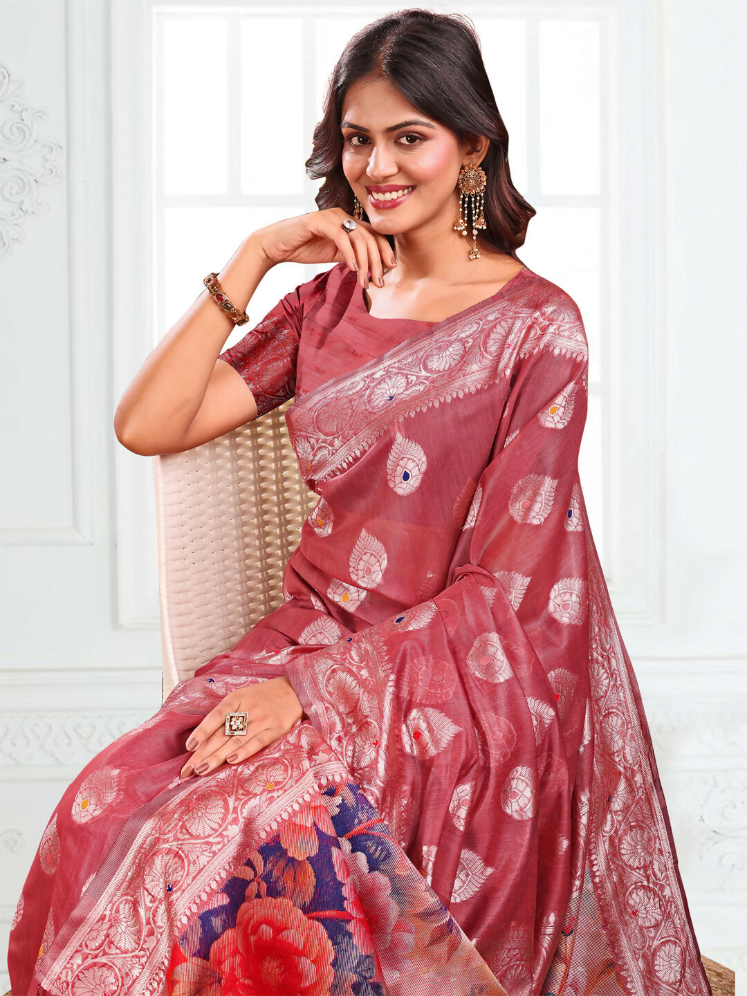 Shree Shyam Fashion Linen Cotton Rust Saree