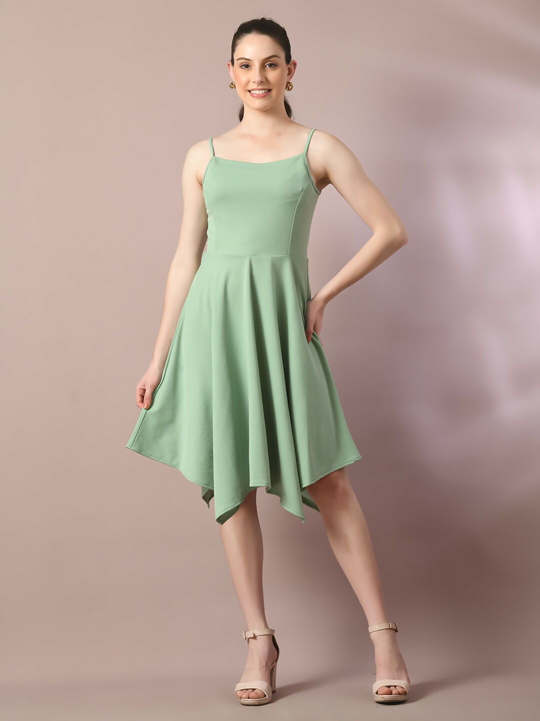 Myshka Women's Sea Green Solid Shoulder Straps Fit and Flare Party Dress