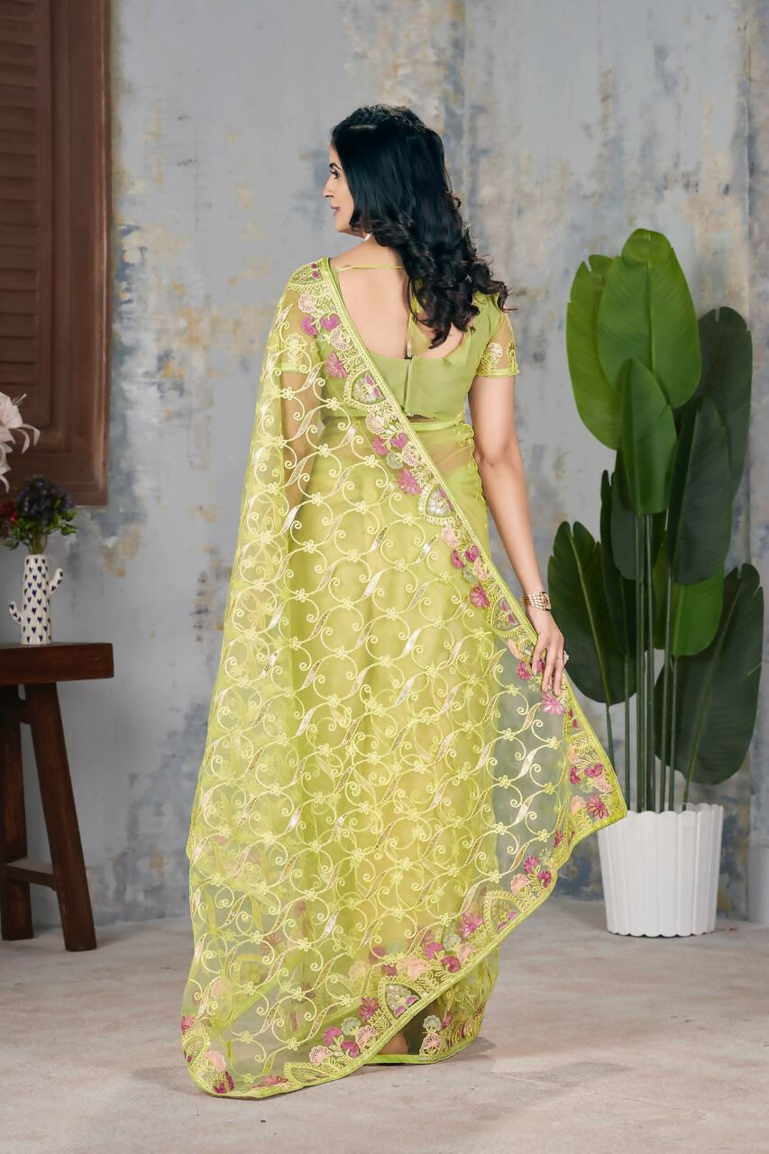 Vastranavya Soft Crush Georgette With Embroidery and Foil Multi Thread Work Saree - Light olive