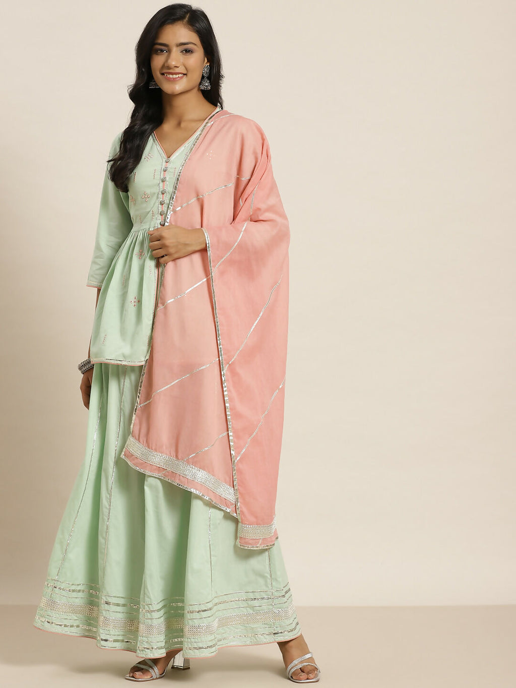Juniper Pista Green Thread Embroidered Kurta Palazzo & Cotton Dupatta Set