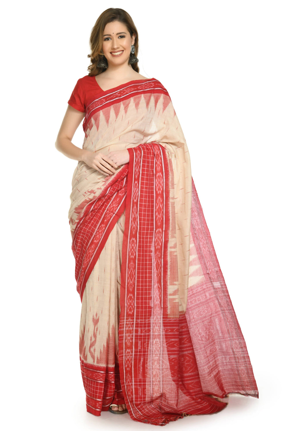 Vamika Sambalpuri Ikat Cotton Scot Dali Tasrite & Red Saree