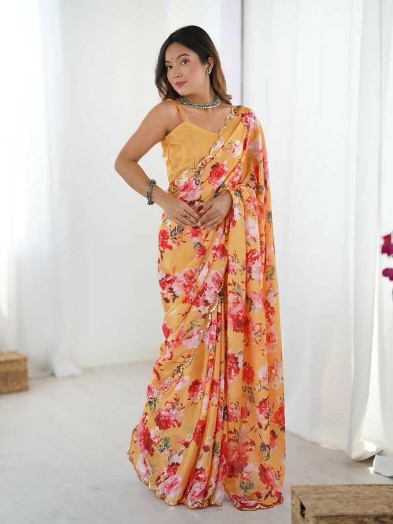 Orange Chinon Designer Digital Printed,Mirror Cut Work Saree - Elayna