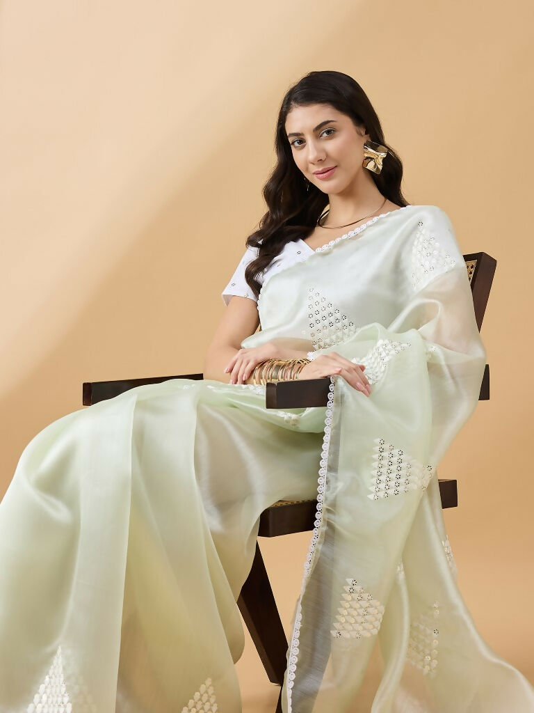 Green Tissue Slub Embroidered Saree with Unstitched Blouse - Vairagi