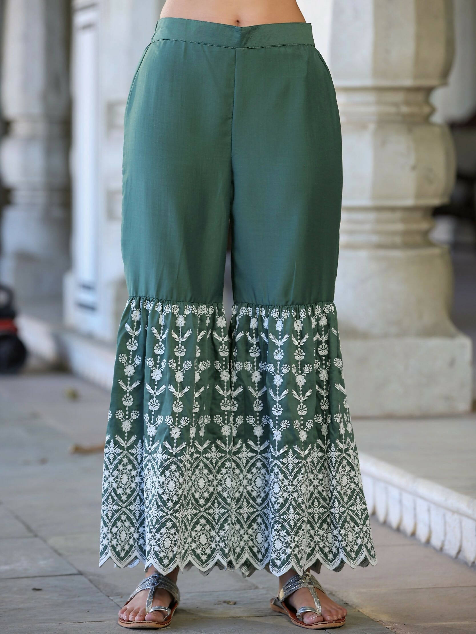 Juniper Women's Green Chinnon Embroidered Kurta Garara Set