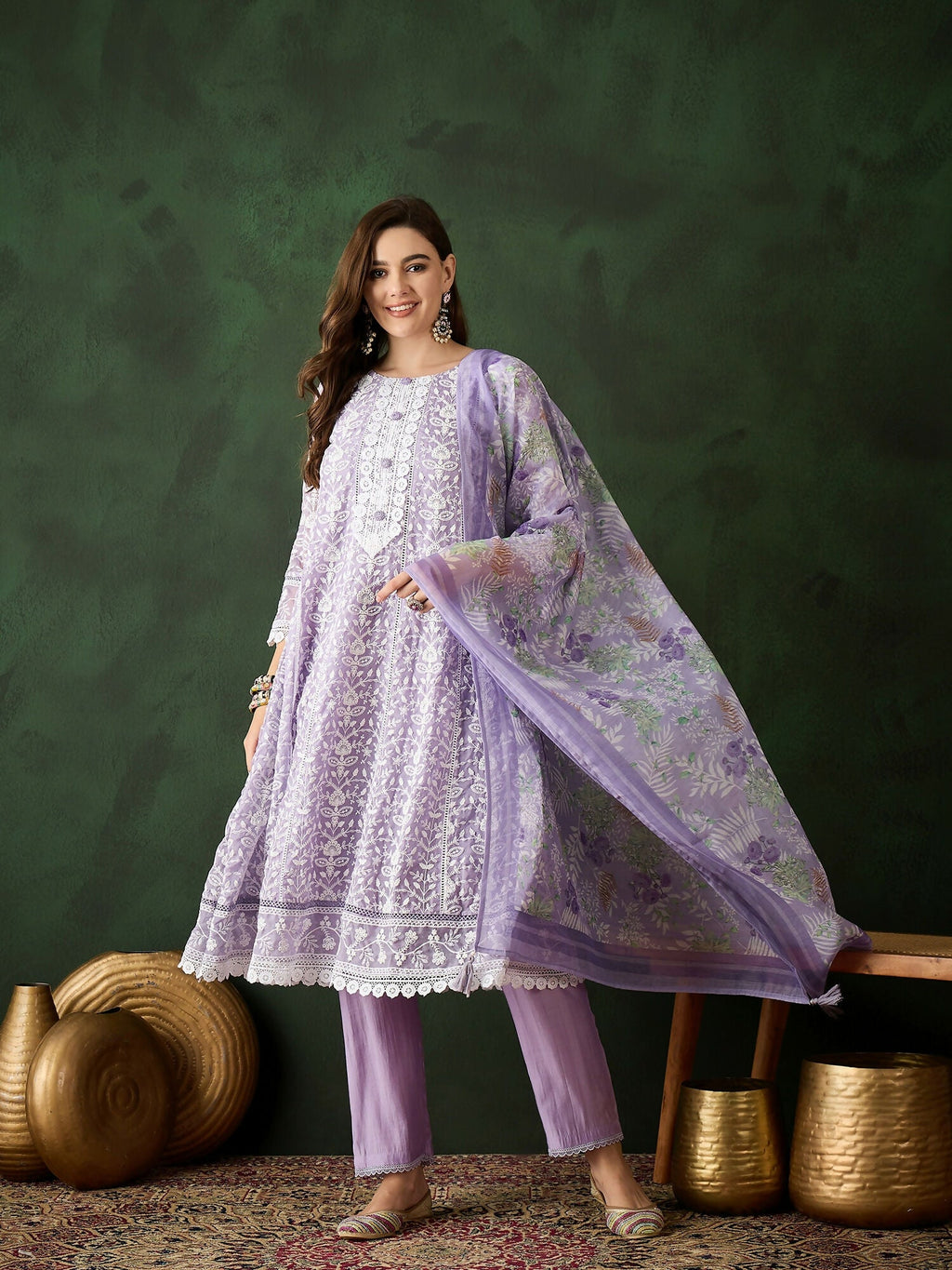 Lavender Crystal Organza schiffli embroidery Kurta With Trouser & Dupatta - Bhumi
