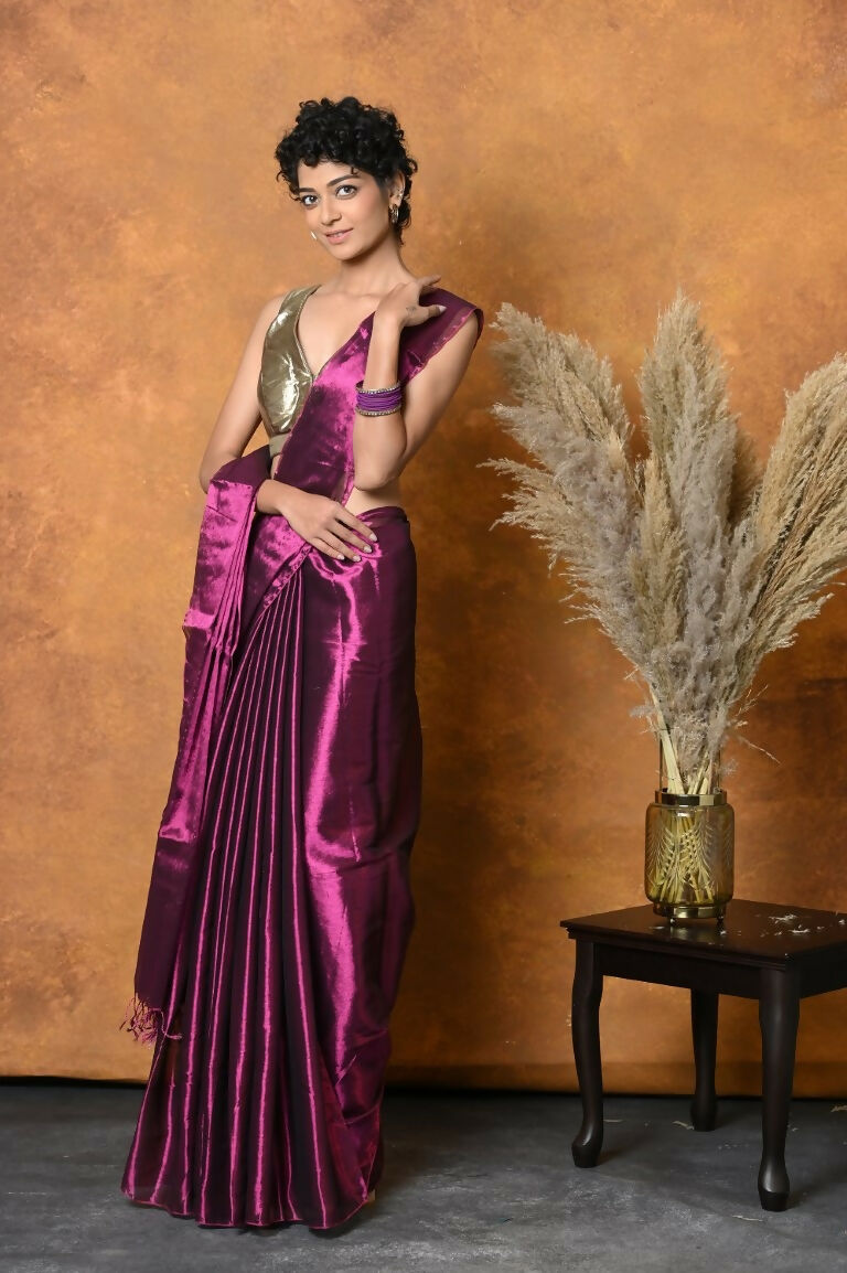 Very Much Indian Fusion Cotton Tissue Shimmer Saree - Maroon