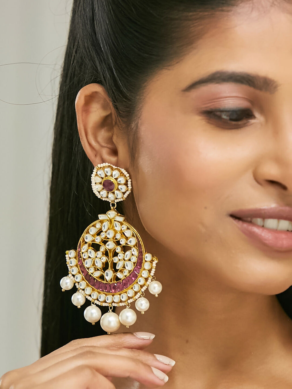 Nuyug 22K Gold-Plated Elegant Ruby & Kundan Stone Studded With Pearl Beaded Floral Chandbalis