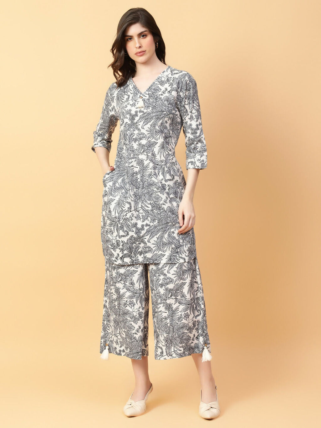 Joban Fashion Grey Cotton Printed & Hand Work Co-ord Set