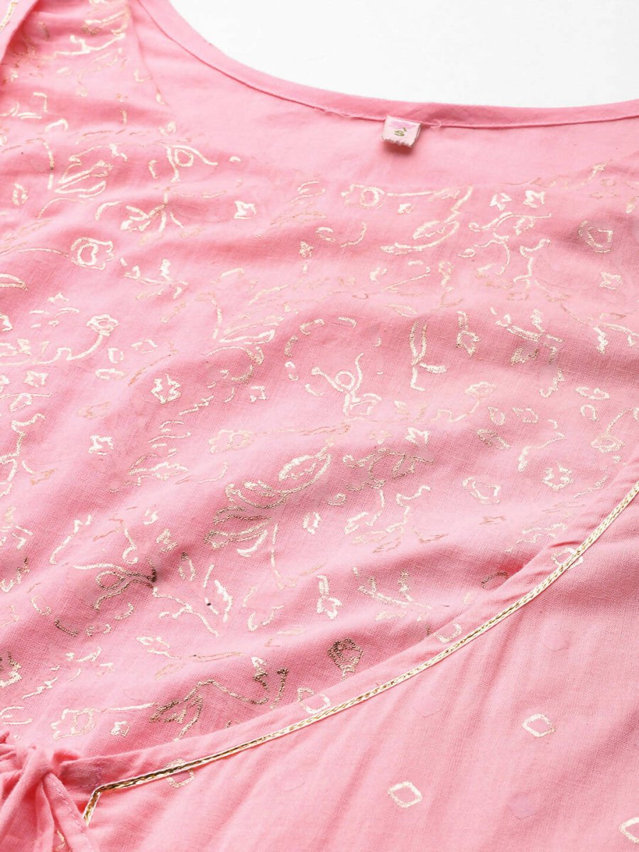 Ahalyaa Pink & Gold Ethnic Printed Layered Front Slit Cotton Anarkali Kurta Palazzos