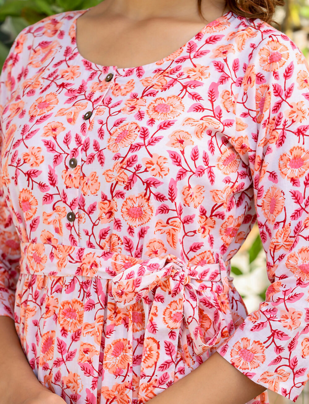 Kaajh Women's Orange Ethnic Floral Hand Block Print Cotton Dress
