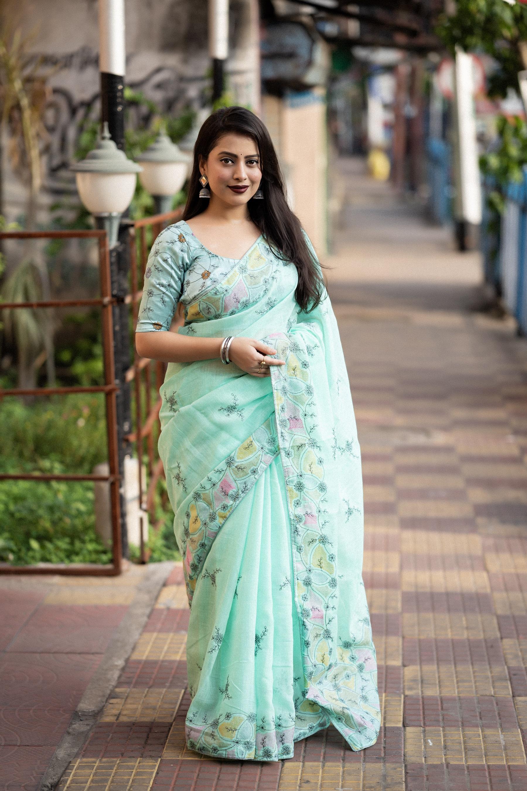SeaGreen Pure Linen Ethnic Motifs Saree with Unstitched Blouse - Hiral Fashion