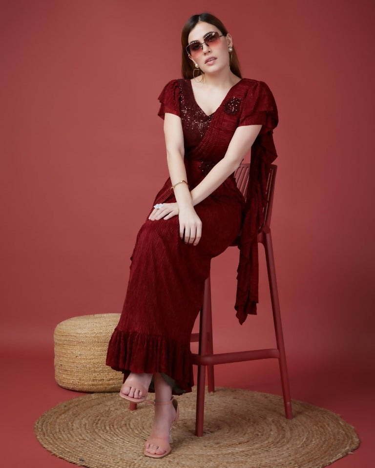 Maroon Imported Crush Solid Ready to Wear Saree with stitched Blouse - Aayan