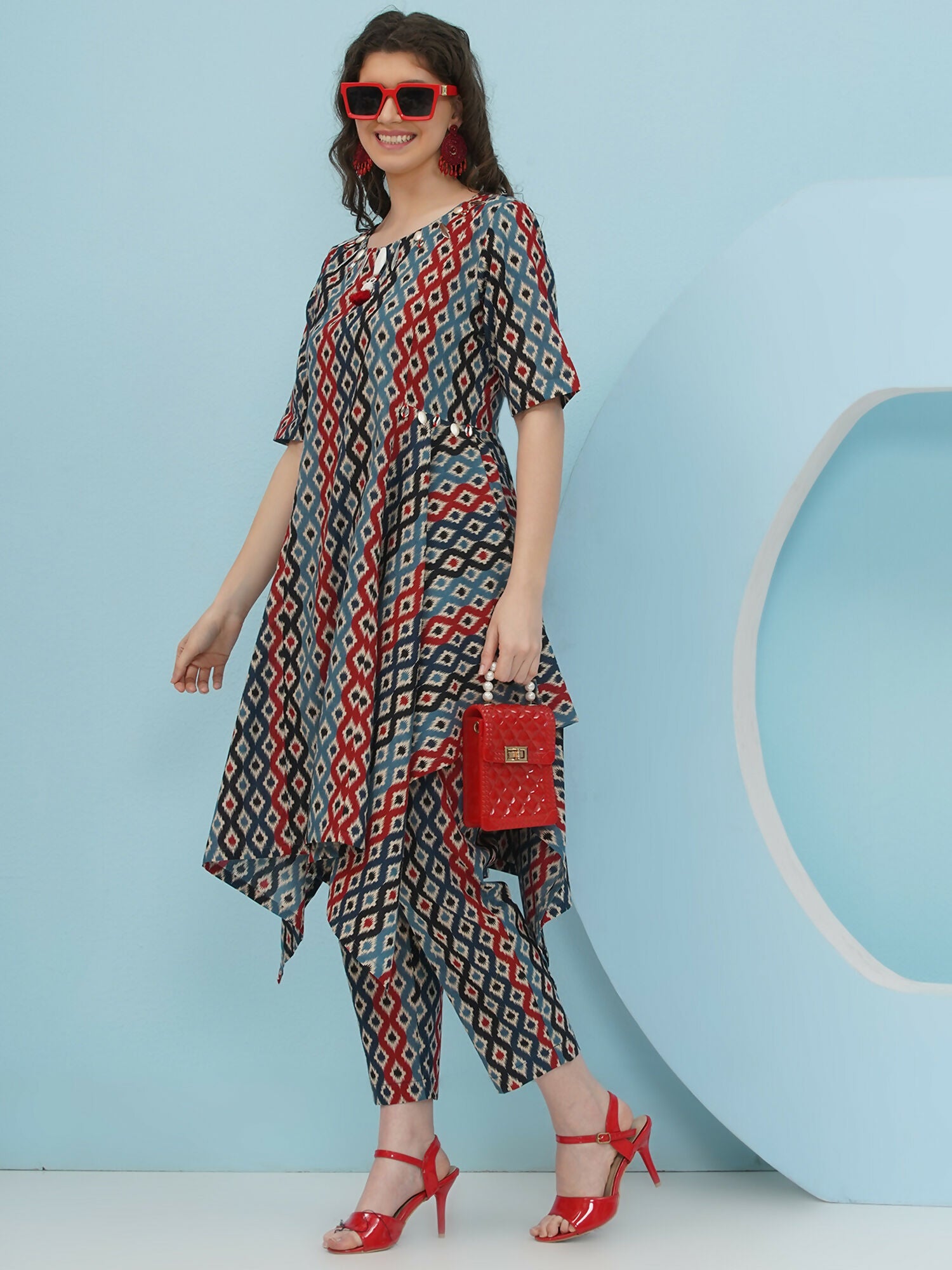 Joban Fashion Ikkat Printed Co Ord Set - Blue Red