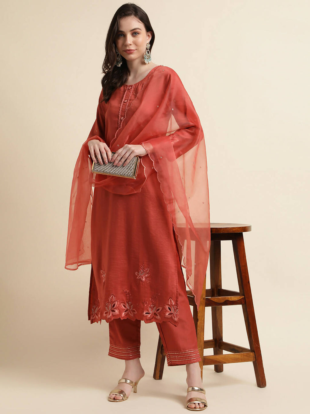 Orange Chinon Silk Embroidered Straight Kurta with Trouser & Dupatta - Salimar