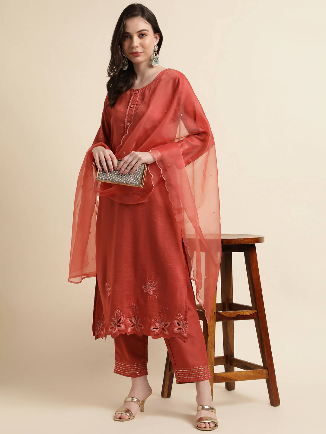 Orange Chinon Silk Embroidered Straight Kurta with Trouser & Dupatta - Salimar