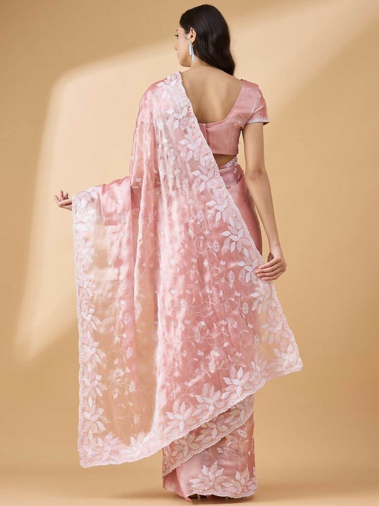 Peach Tissue Slub Embroidered Saree with Unstitched Blouse - Vairagi