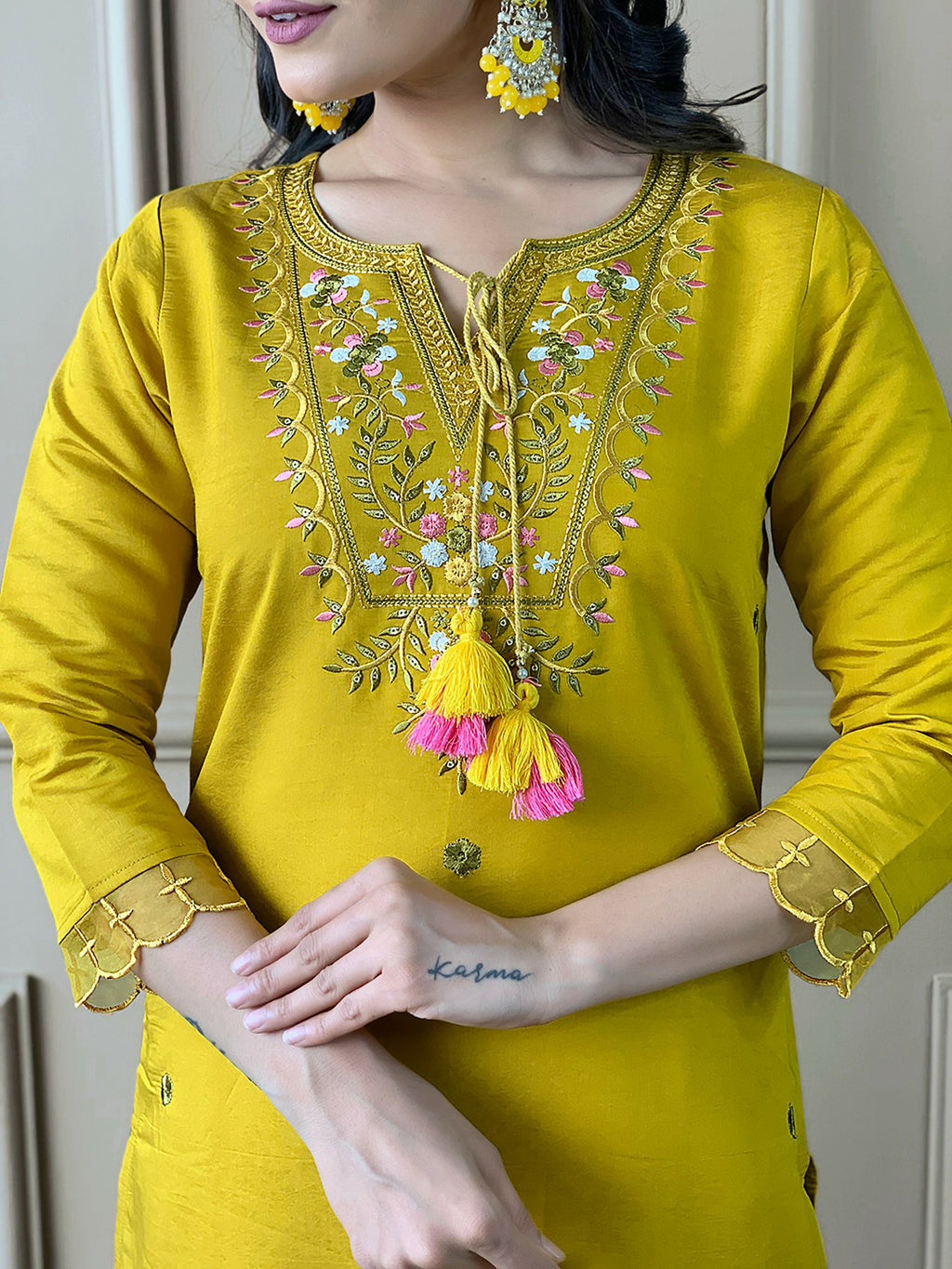 Partywear Designer Chanderi Mustard Stitched Suit With Dupatta - Tanisha