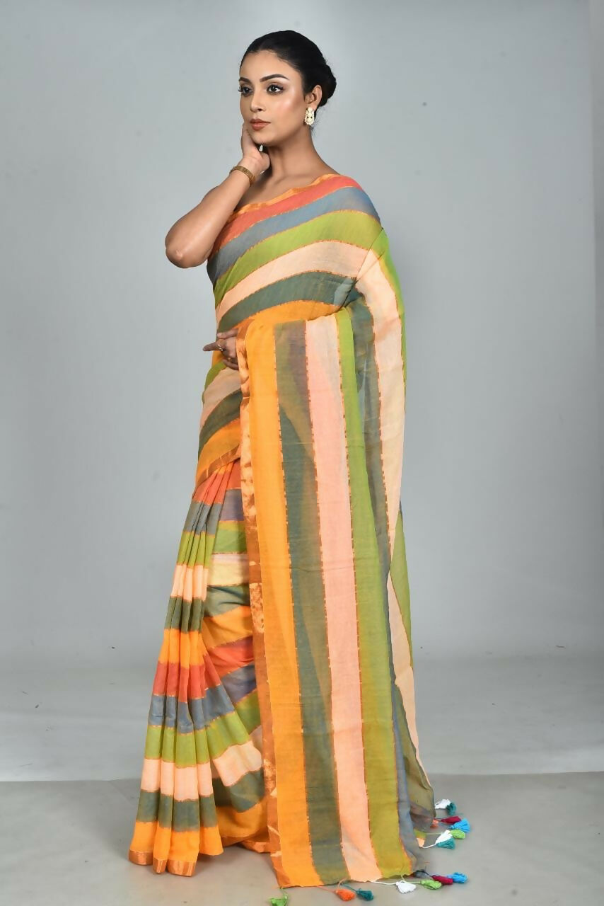 Exclusive Collection Beautiful Multi3 Pure Cotton Woven Handloom Saree With Running Blouse Piece