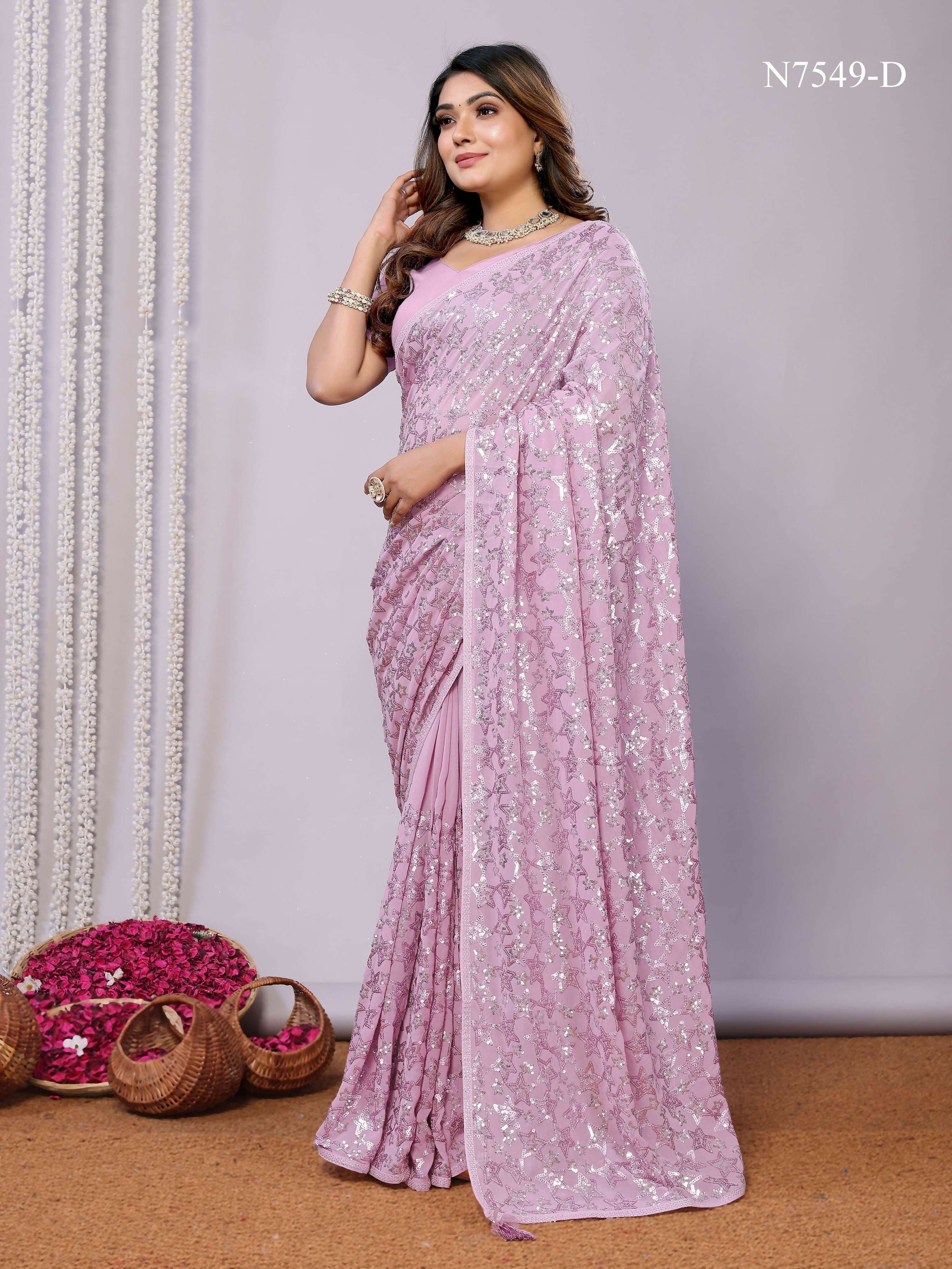 Pink Pure Georgette Embroidered Saree With Stitched Blouse - Nimaya Kaksha
