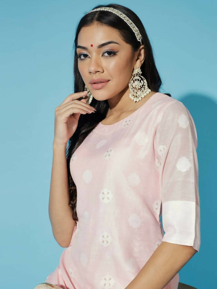 Myshka Women Pink Embroidered Kurta & Trousers With Dupatta
