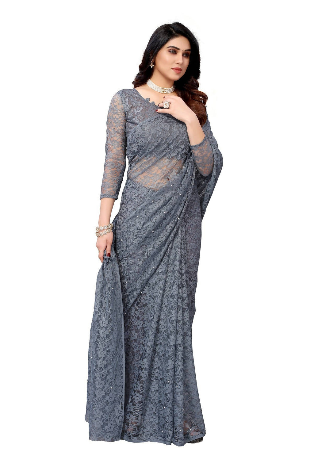 Vamika Ethnic Fire Grey Pearls Net Saree