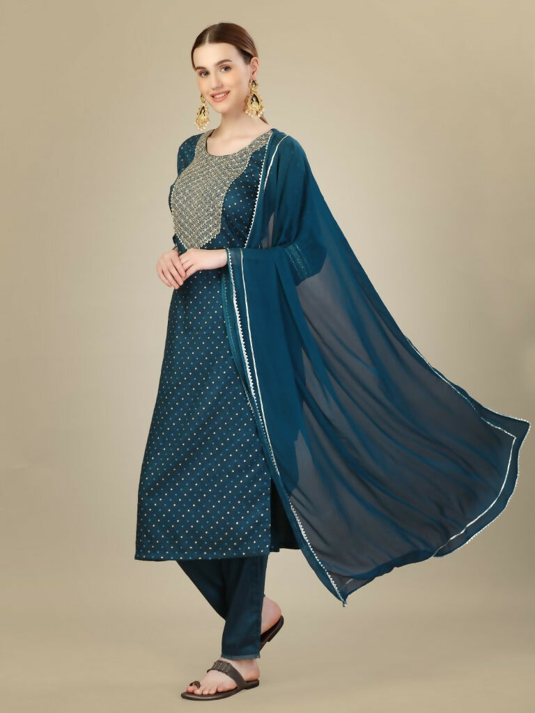 Jyoti Fashion Women's Morpich Silk Blend Embroidery & Sequence work Kurta with Trouser & Dupatta