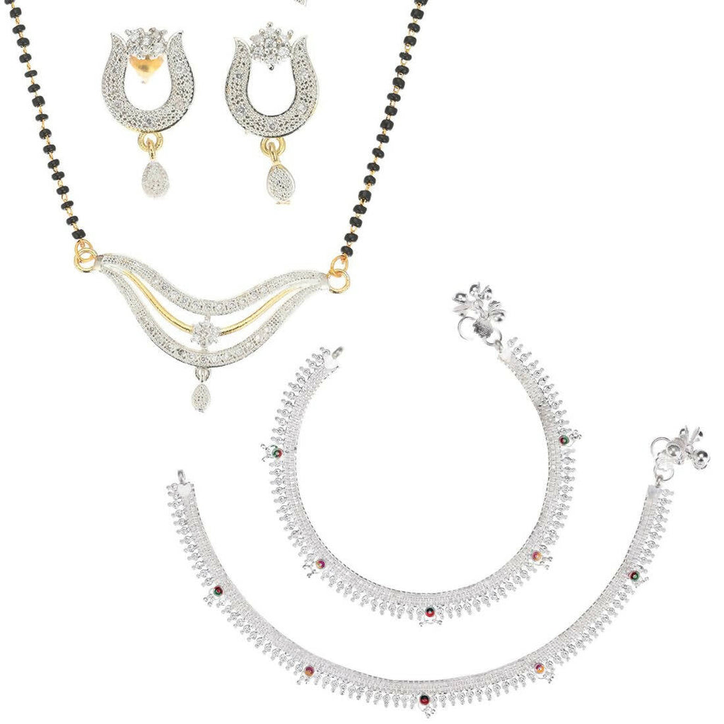 AanyaCentric Gold-Polished Mangalsutra Pendant Earring Set & Silver Plated Anklet