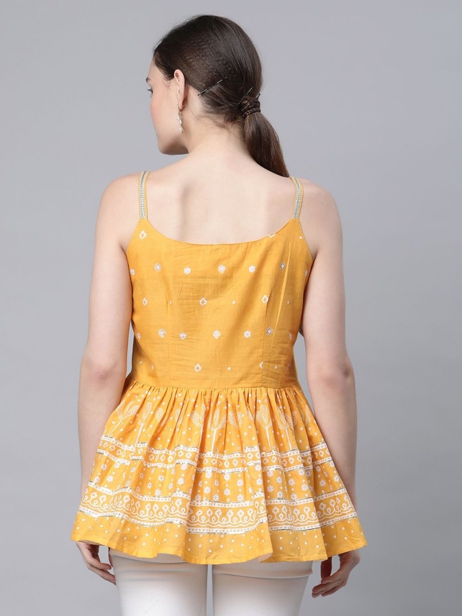 Ahalyaa Women Mustard Pure Cotton Porcian Print Shoulder Straps Tunic