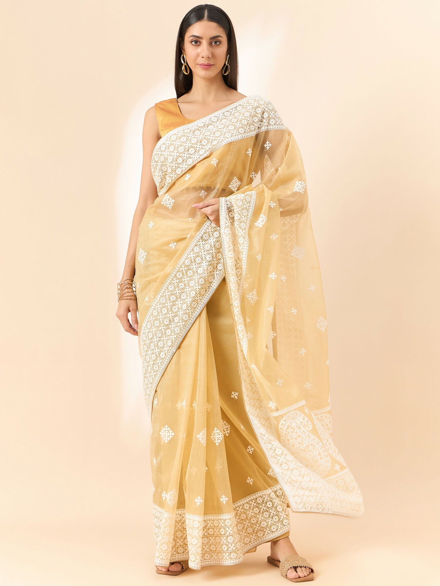 Beige Organza Geometric Embroidered Saree with Unstitched Blouse Piece - Roozal