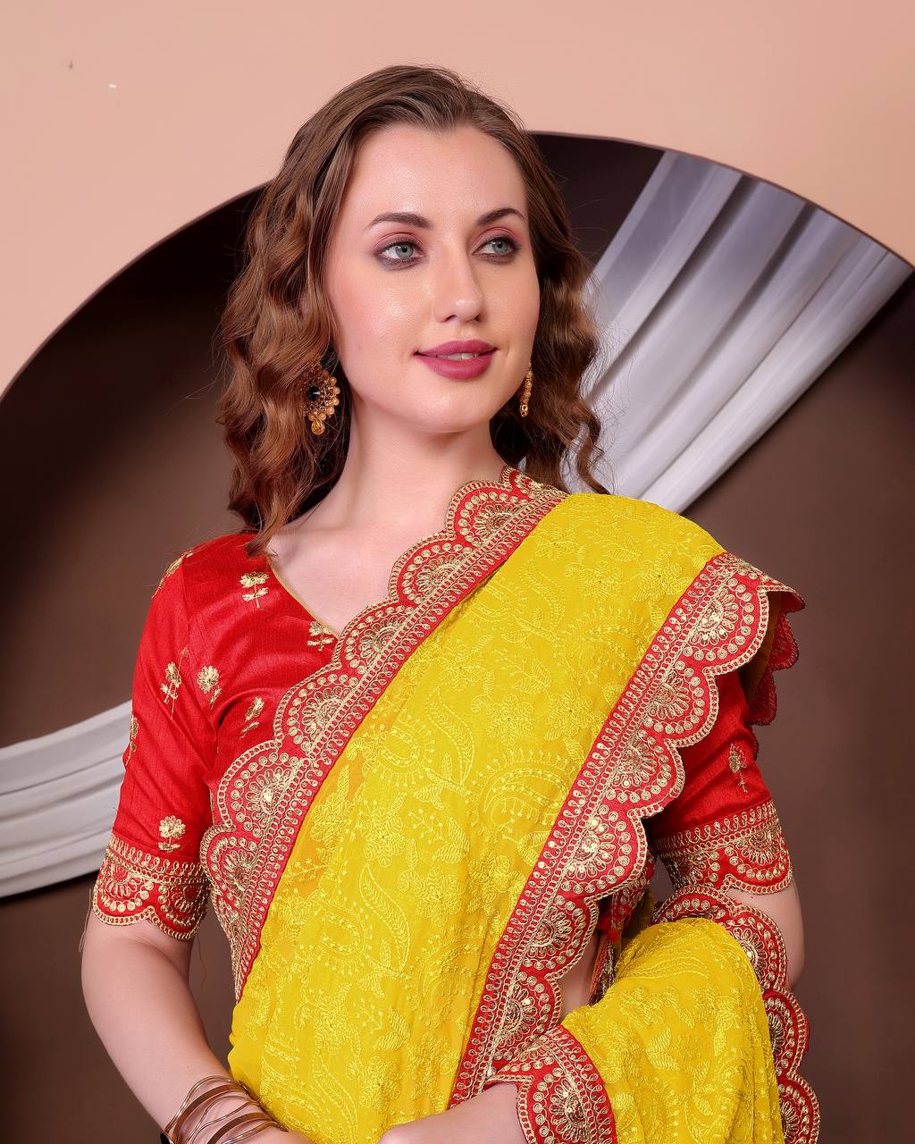 Teeya Creation Yellow Color Georgette Fabric Chikankari Work Saree