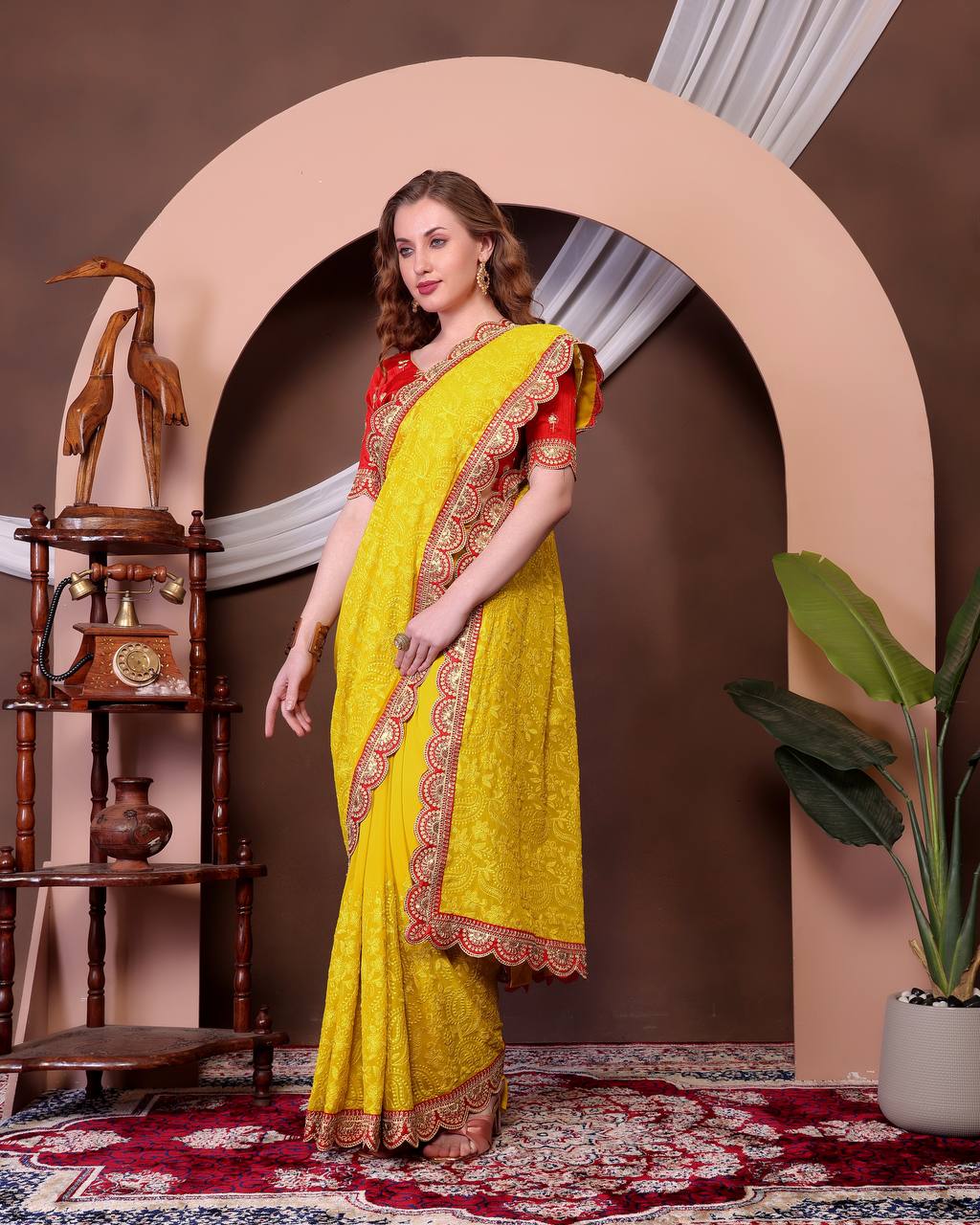 Teeya Creation Yellow Color Georgette Fabric Chikankari Work Saree