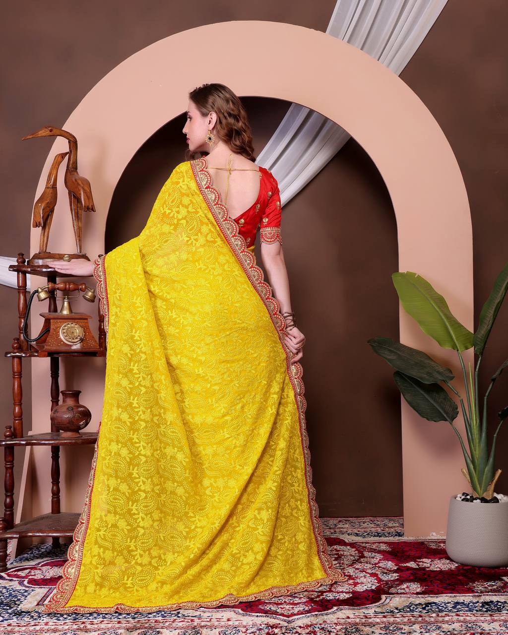 Teeya Creation Yellow Color Georgette Fabric Chikankari Work Saree