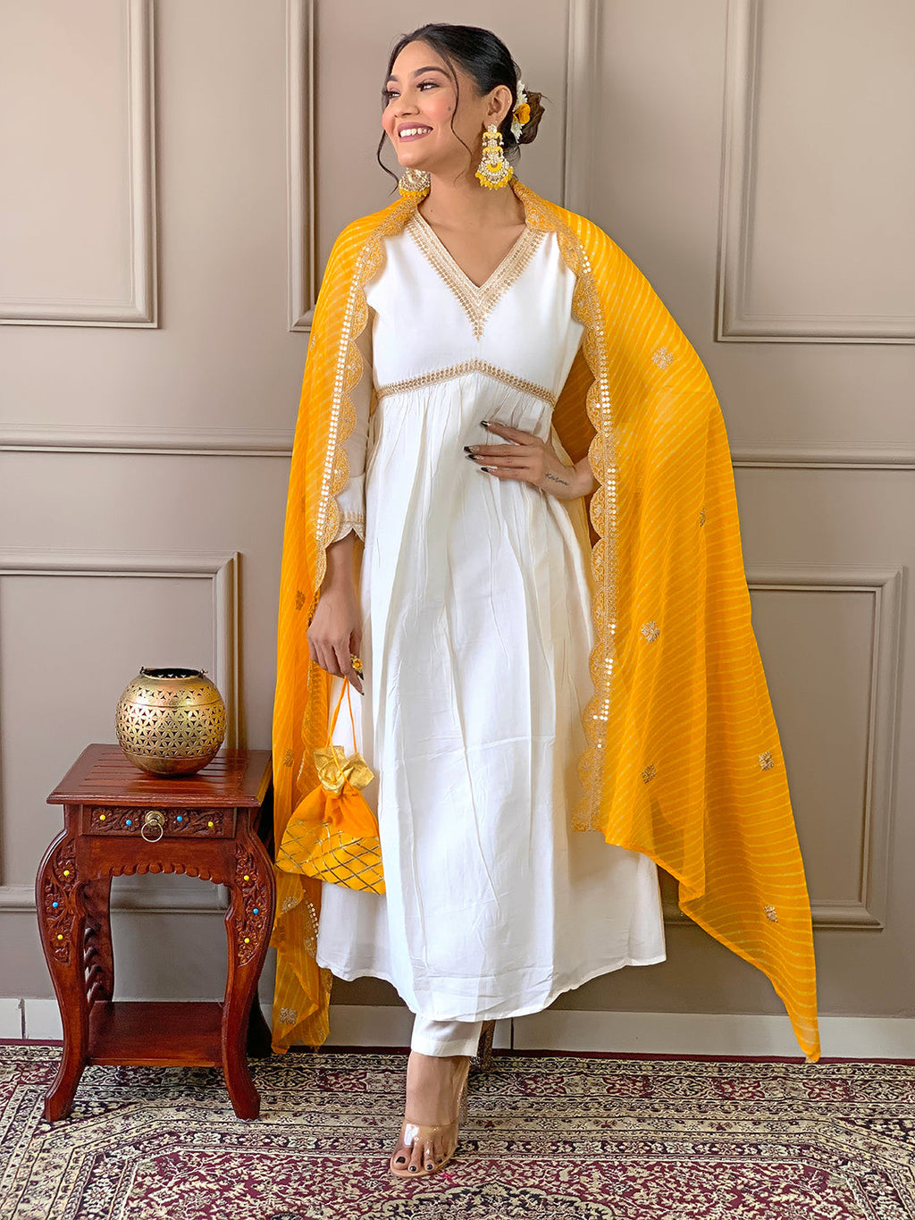 The52 Women's Gorgeous Embroidery Chandrei Fabric Straight Kurta, Pant and Dupatta Set