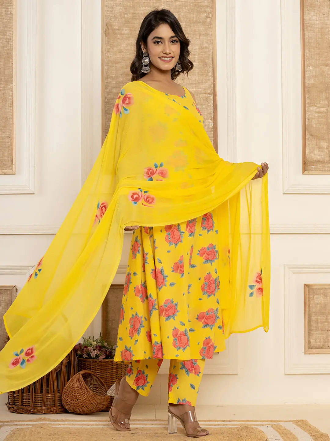 Yufta Yellow Floral Print Cotton A-Line Style Kurta And Trousers With Dupatta Set