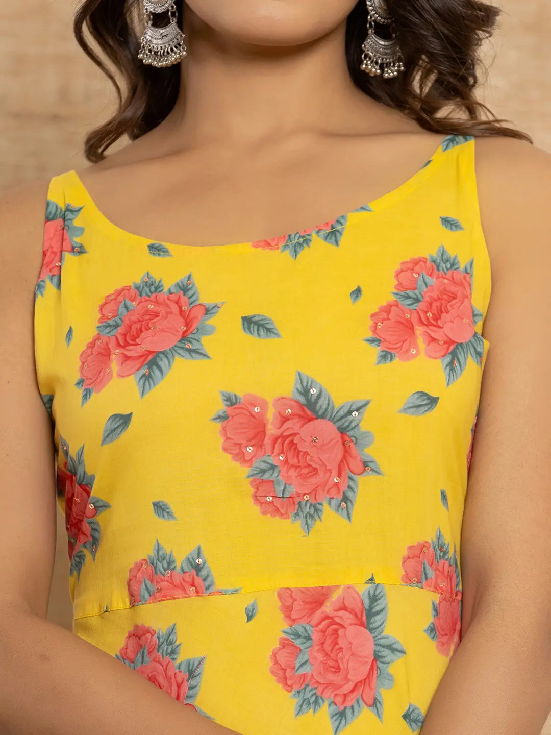 Yufta Yellow Floral Print Cotton A-Line Style Kurta And Trousers With Dupatta Set
