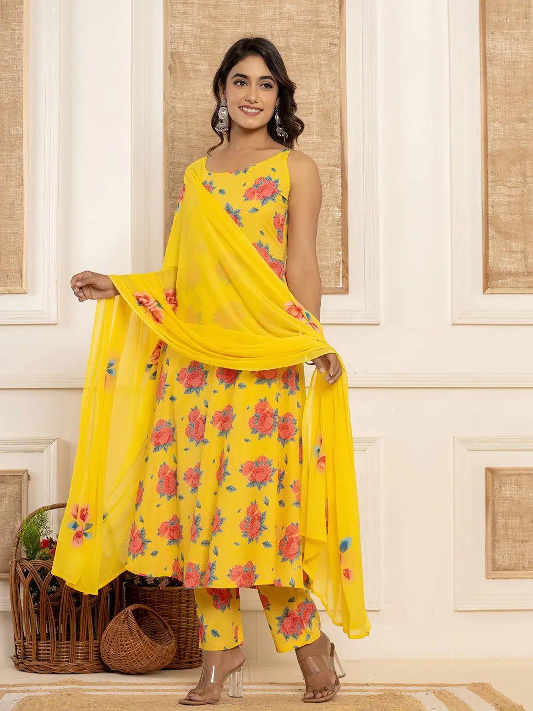 Yufta Yellow Floral Print Cotton A-Line Style Kurta And Trousers With Dupatta Set