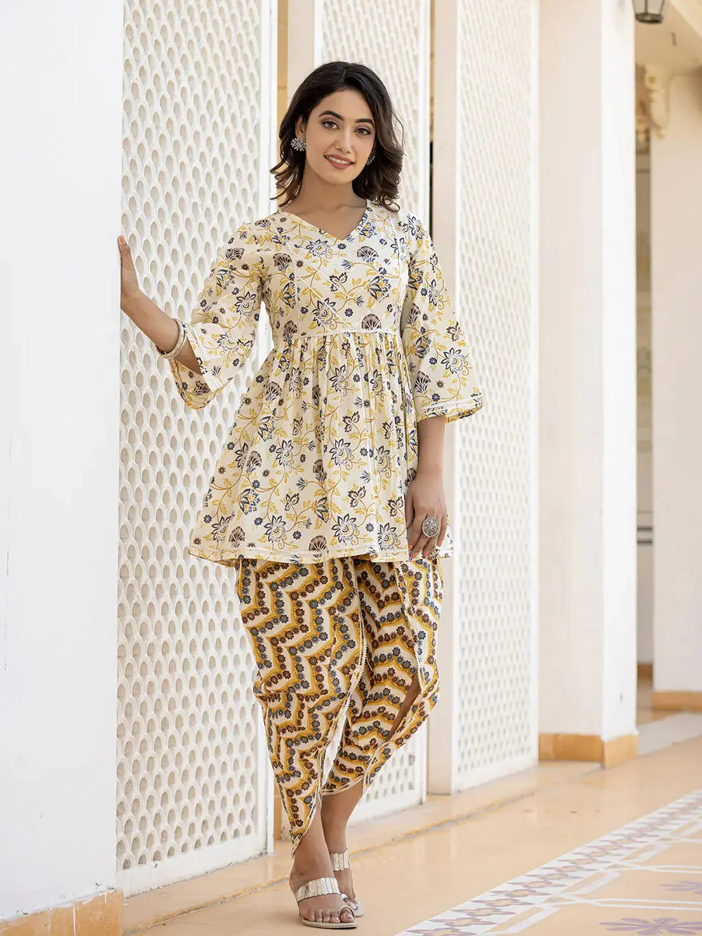 Yufta Yellow Gotta Patti Kurti with Dhoti Pants Set
